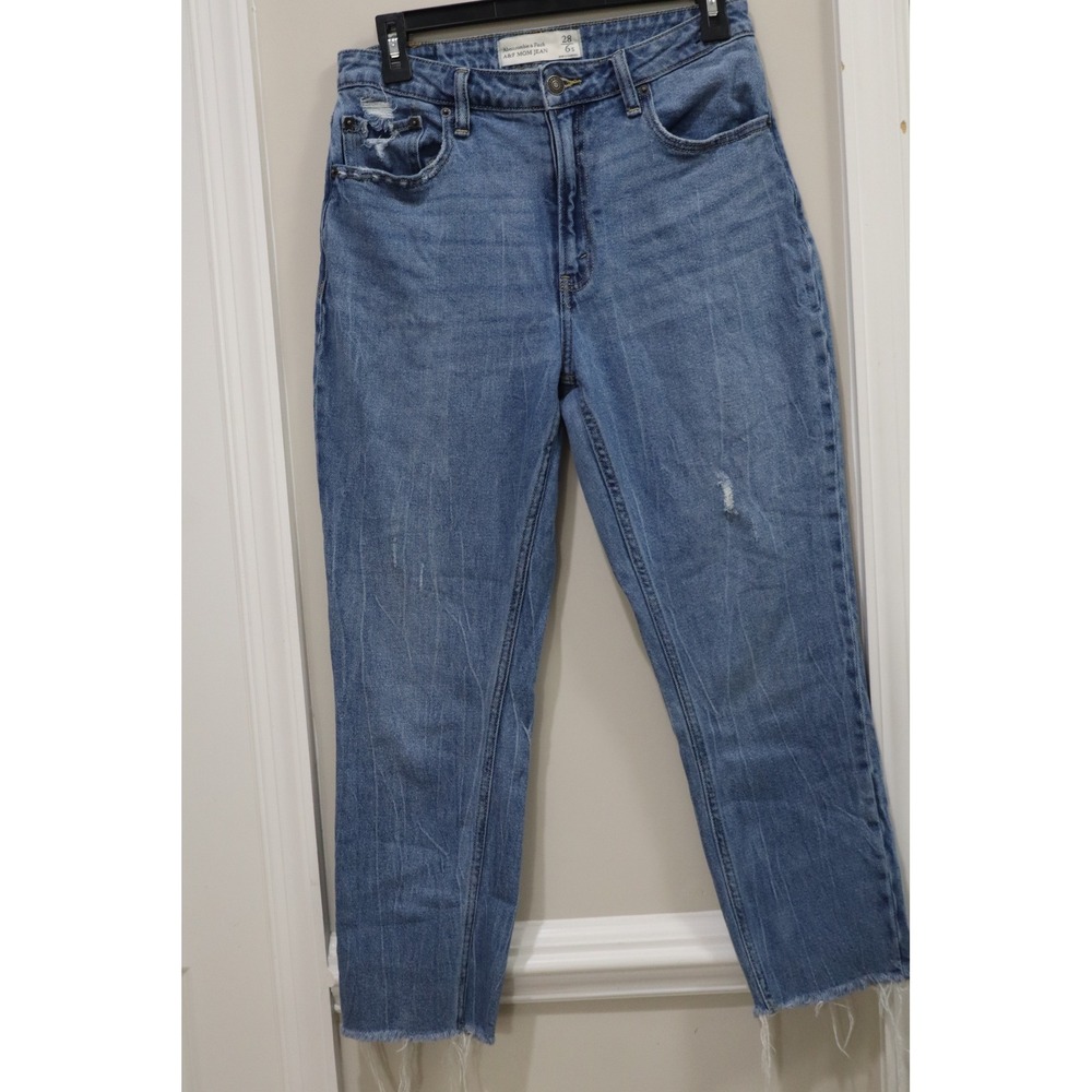 Abercrombie & Fitch Curve Love Mom Jeans 28 6s Blue Distressed Raw Hem High Rise